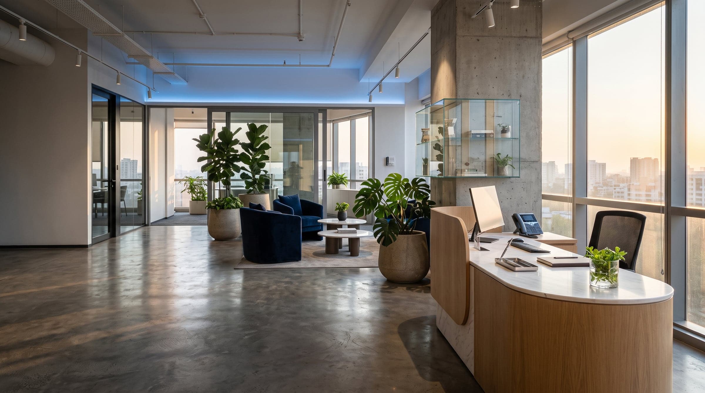 The Aconic reception at sunset: an oak and marble desk, a lounge with navy armchairs and the city beyond the glass