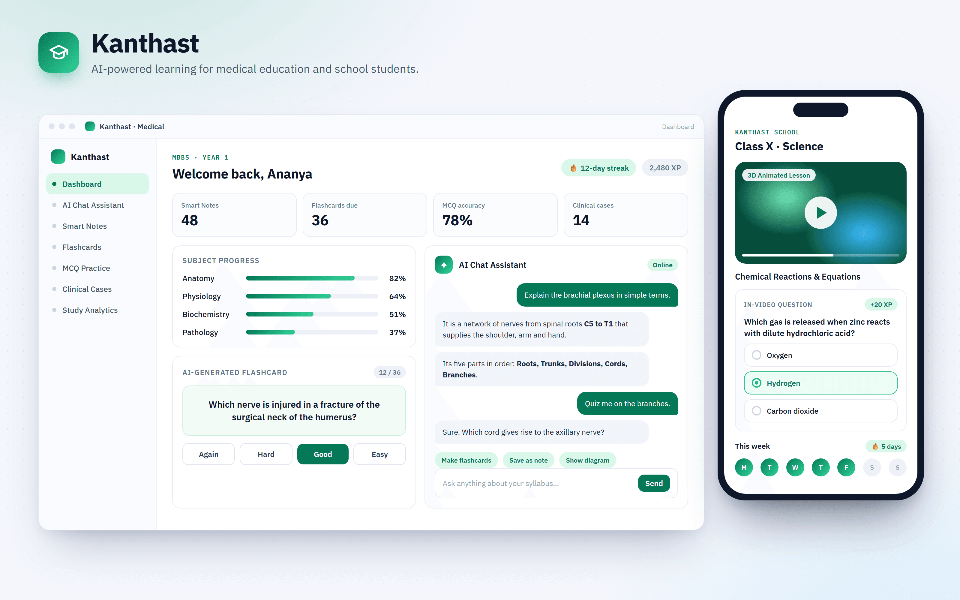 Kanthast: a medical student's dashboard with an AI chat assistant, and a school lesson on a phone